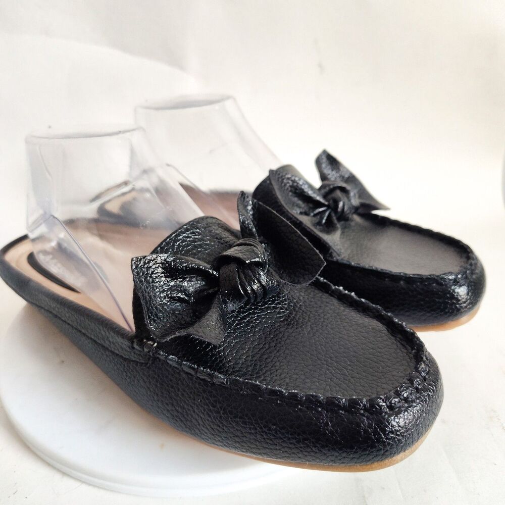 New Masseys Mules 10 Wide Faux Leather Black Square Toe Vegan Flats Slip On Bow